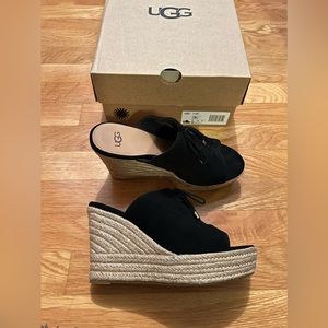 UGG black suede wedge sandals - size 7 USA / size 38 EU - 4” heel with box